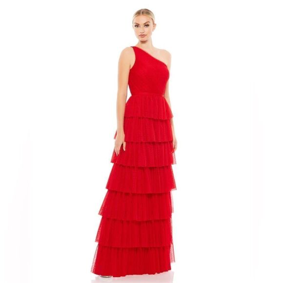 Mac Duggal One Shoulder Layered Tiered Tulle Gown Maxi Red NWT Size 16 - Picture 10 of 10